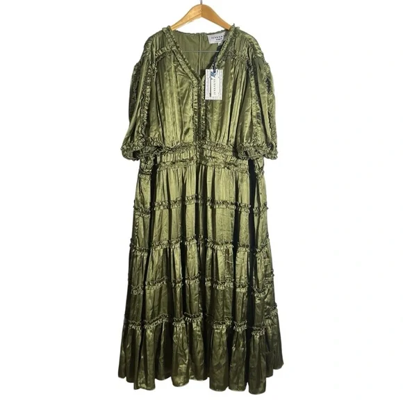 JESSAKAE x THE FOOD NANNY Liz Ruffle Tiered Puff Sleeve Midi Dress in Olive - Picture 3 of 12
